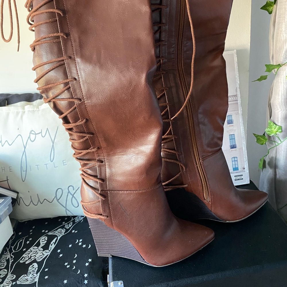 Over The Knee Lace Up Wedge Boots - brown - Picture 7 of 9